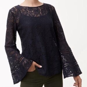 LOFT Lace Blouse Bell Sleeves Semi Sheer Navy Blue Cotton Rayon Blend Small Pet